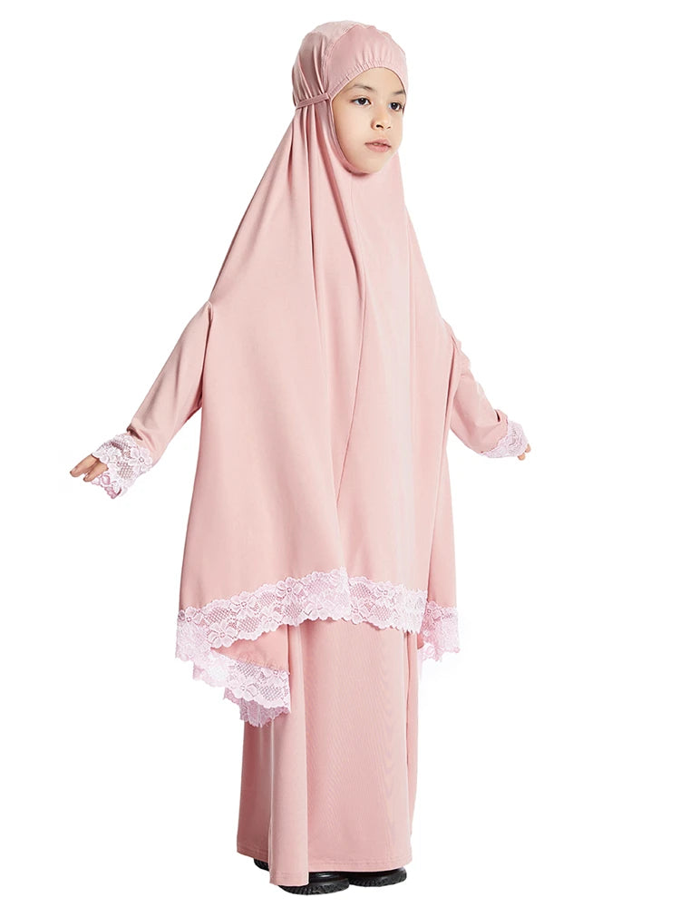 Girls Hijab Dress & Khimar Skirt Set - 2 Piece Prayer Garment