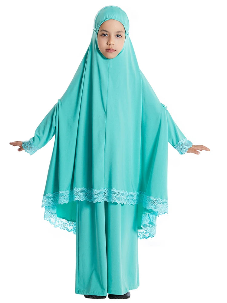 Girls Hijab Dress & Khimar Skirt Set - 2 Piece Prayer Garment
