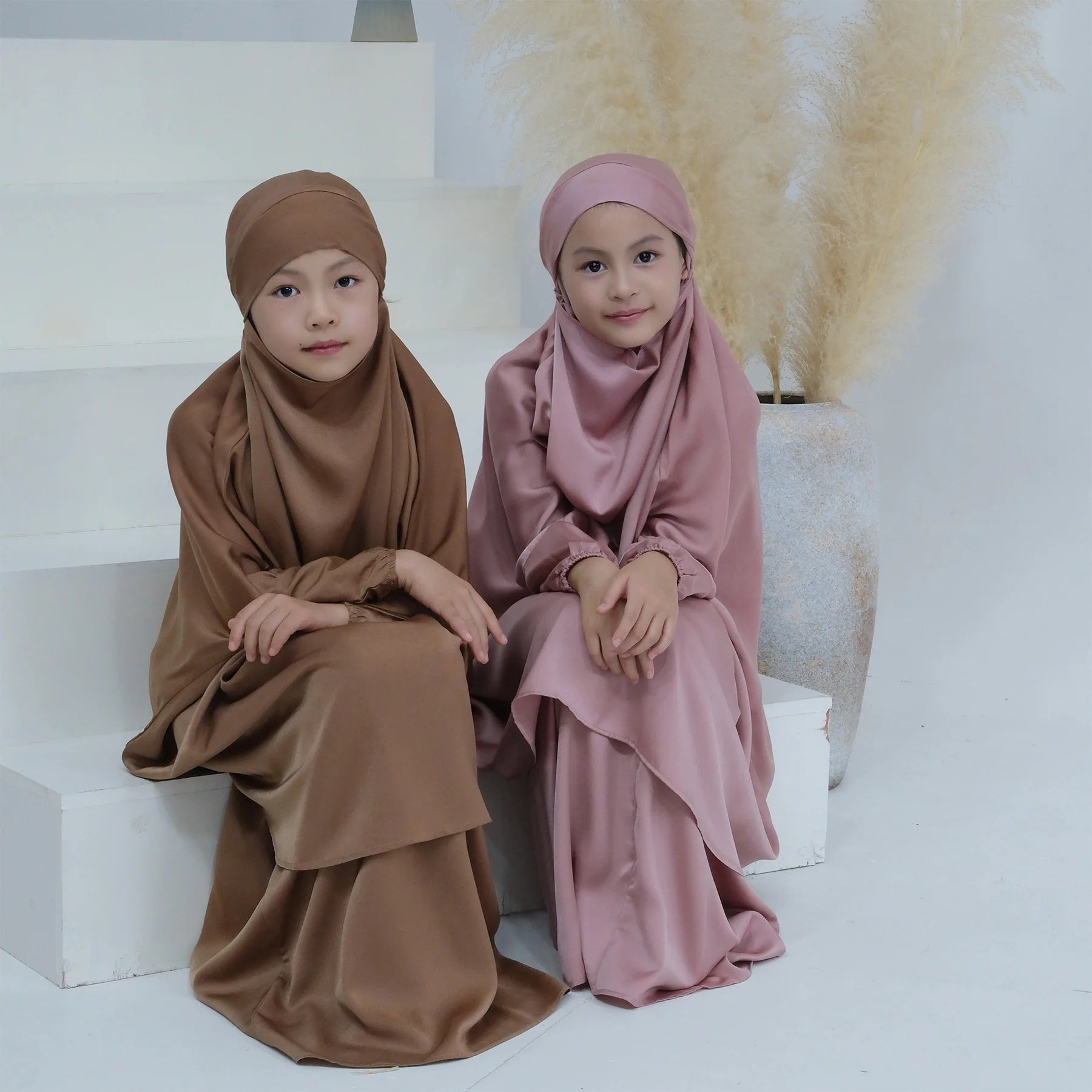 Muslim Kids Girls Khimar Skirt Abaya Prayer Garment Islamic Clothing 2PCS