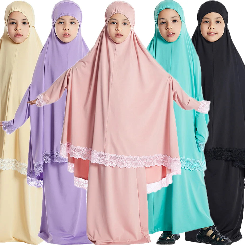 Girls Hijab Dress & Khimar Skirt Set - 2 Piece Prayer Garment