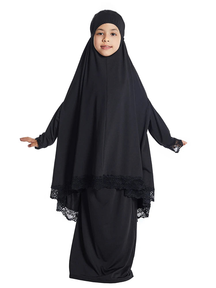 Girls Hijab Dress & Khimar Skirt Set - 2 Piece Prayer Garment