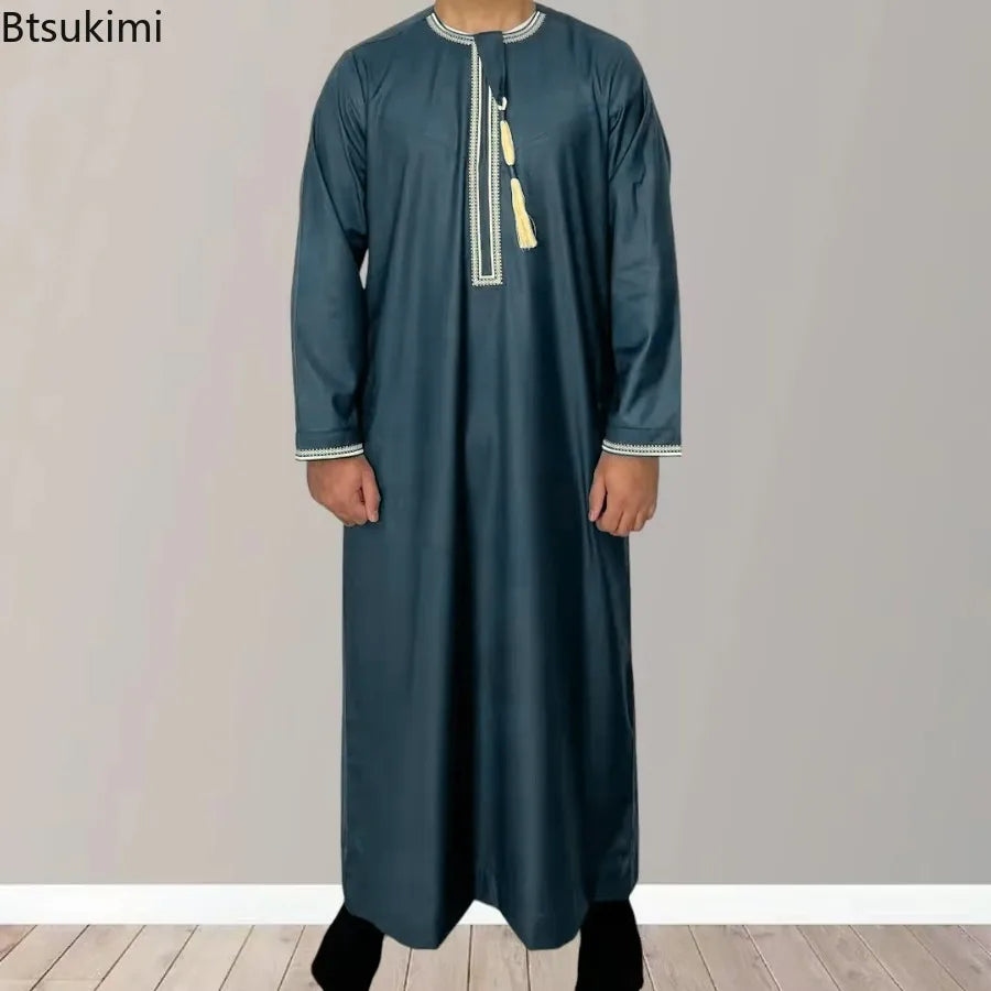 New Men's Muslim Fashion Abayas Dress O Neck Long Sleeve Pullover