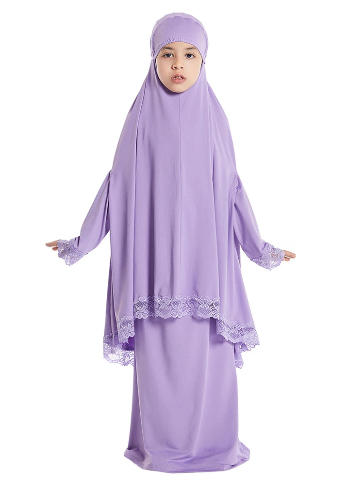 Girls Hijab Dress & Khimar Skirt Set - 2 Piece Prayer Garment