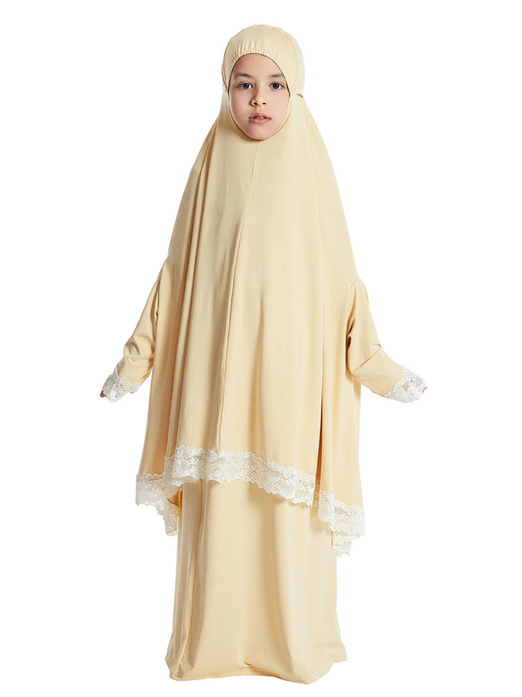 Girls Hijab Dress & Khimar Skirt Set - 2 Piece Prayer Garment