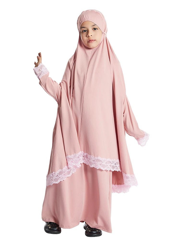 Girls Hijab Dress & Khimar Skirt Set - 2 Piece Prayer Garment